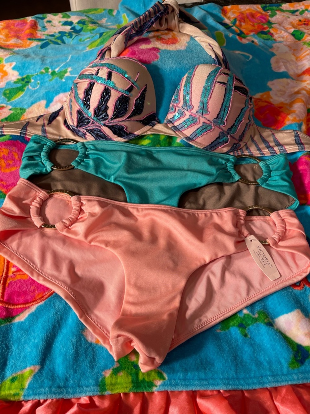 Victoria's Secret Pastel Halter Bikini Set - Pink, Teal, Beige, Navy